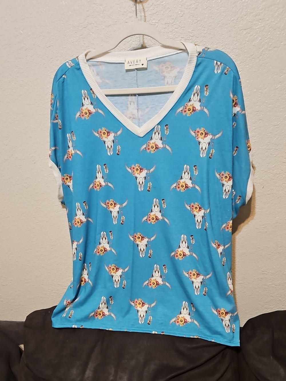 Avery Blue Floral Bull Skull V-Neck Women's Top